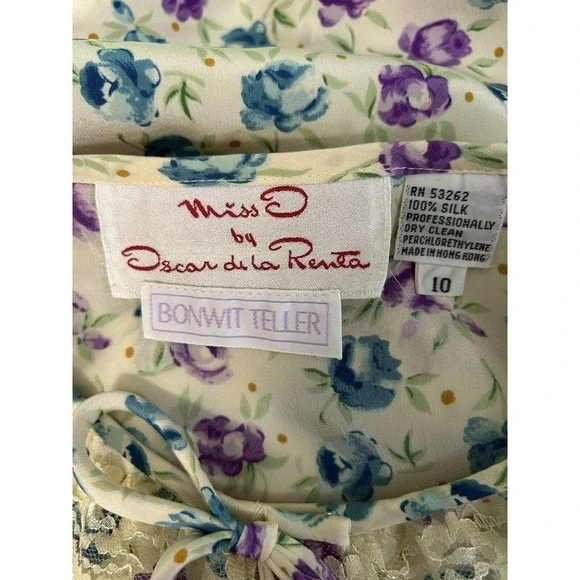 Miss O By Oscar De La Renta Floral 100% Silk Blouse Skirt Womens Size 10 Vintage